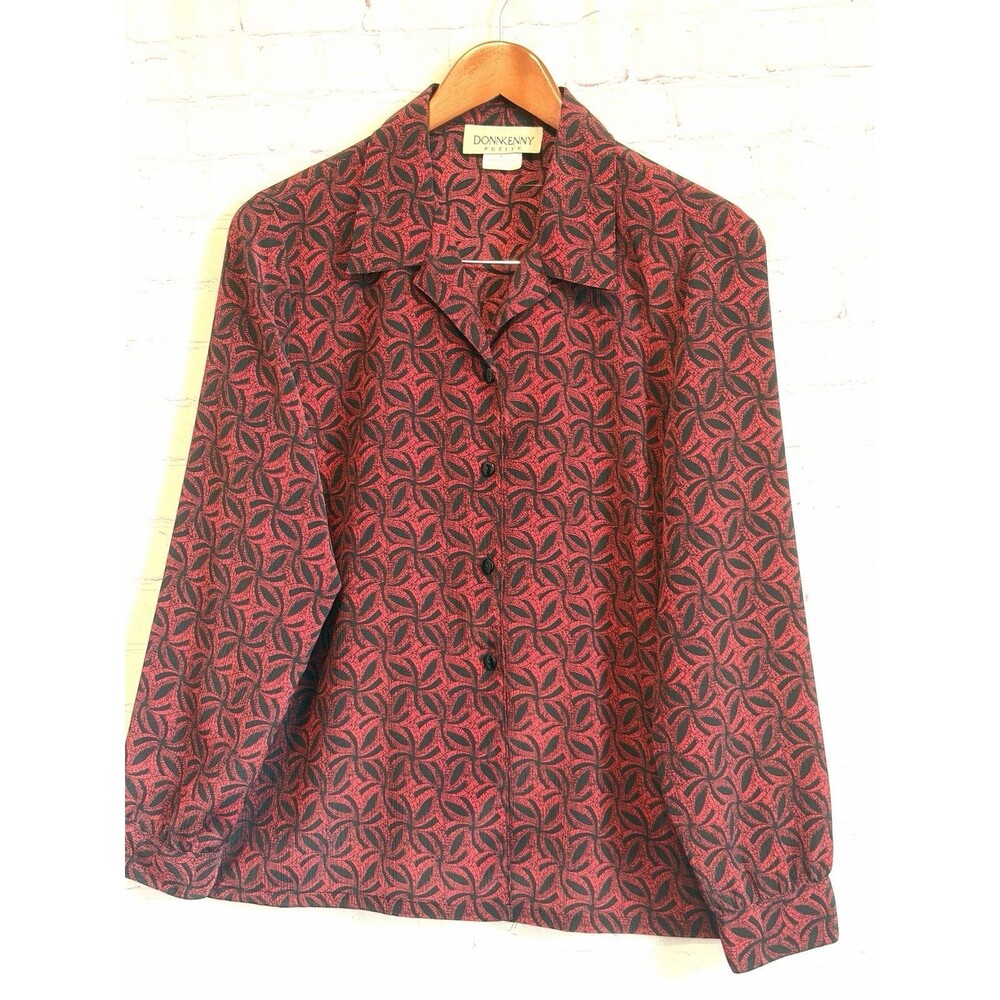 Donnkenny Petite Vintage Button Front Blouse Red Black Geometric Leaf Pattern PL